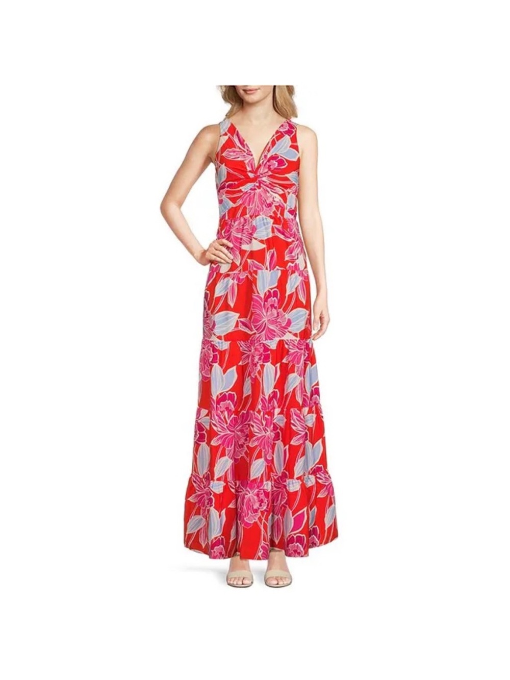 Eliza J Red and Pink Floral Twist-Front Maxi Dress